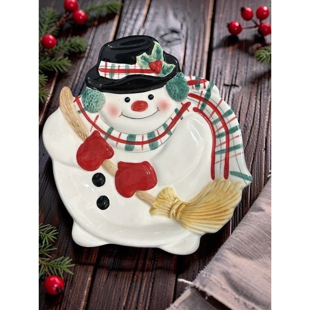 Vtg Fitz &Floyd Gift Gallery Snowman Xmas Cookie Canapé Plate/ Wall Decor
